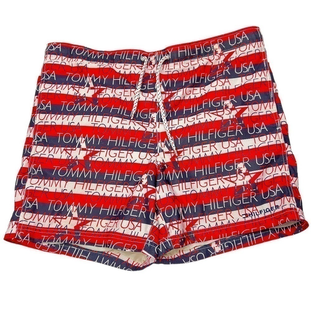 Tommy Hilfiger swim trunks M spell out 5.5” inseam stars stripes red white blue.
